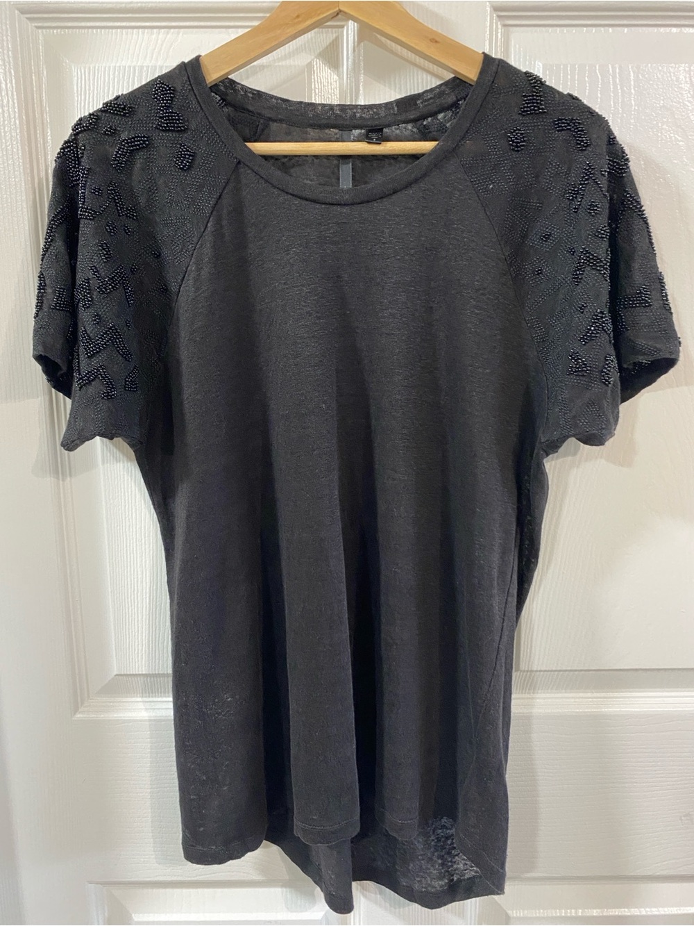 Joe's Jeans 100% Linen Beaded Embellished Sleeve Black Tee S Chic Edgy Luxury - Picture 2 of 6